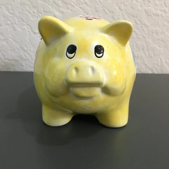 Piggy Bank Yellow Ceramic With butterfly Collectable - Picture 2 of 8